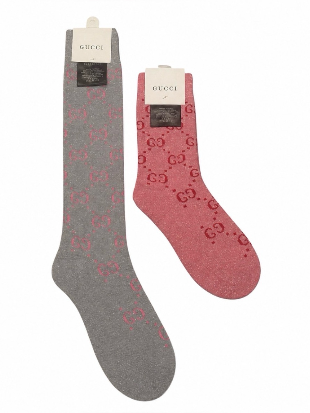 2 Pair Gucci Outlet GG Monogram Socks. 1 Knee High & 1 Crew— Pink & Gray